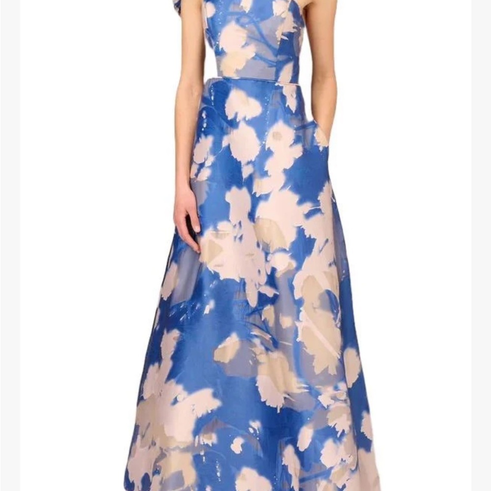 Aidan Mattox Blue and Cream One Shoulder A-line Dress